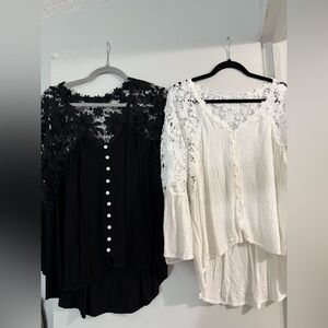 Black and White Lace Button-Up Blouses